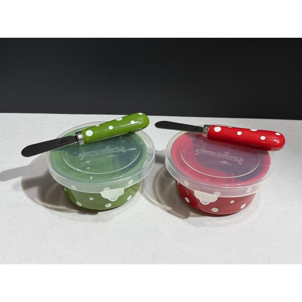 Temp-tations by Tara Polka Dot 6 oz Ramekins Set of 2 Red Green with Spreaders